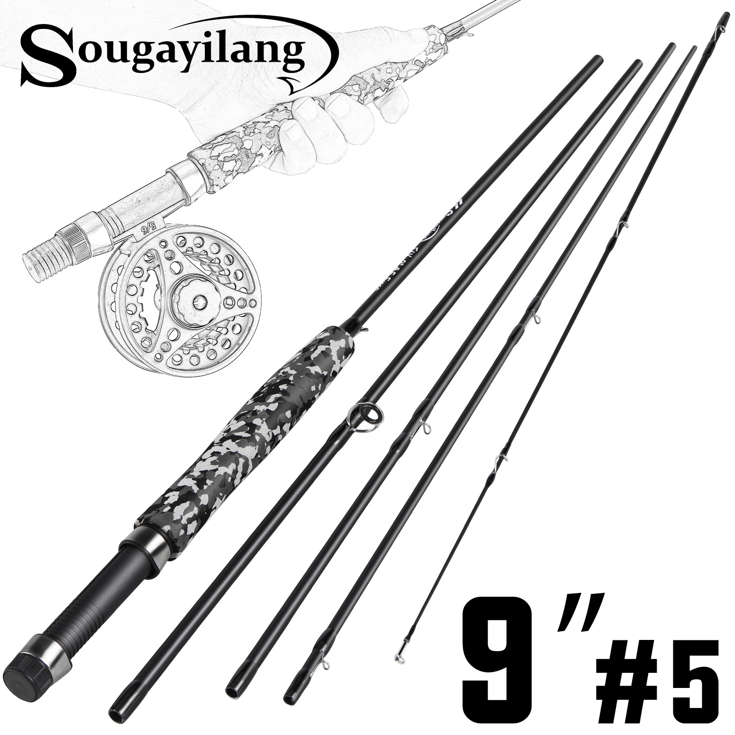 Sougayilang Fly Fishing Rods and Reels 5-sections Carbon Rod 5/6 Reels for  Trout Perch Fishing Suitable for Leisure Fishing