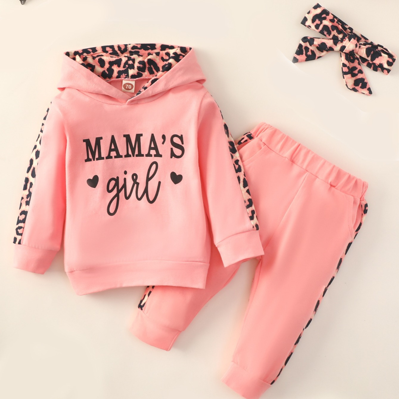 

3pcs Baby Girls Casual Hoodie Set, Leopard Print Long Sleeve Hooded Sweatshirt & Pants & Headband Set