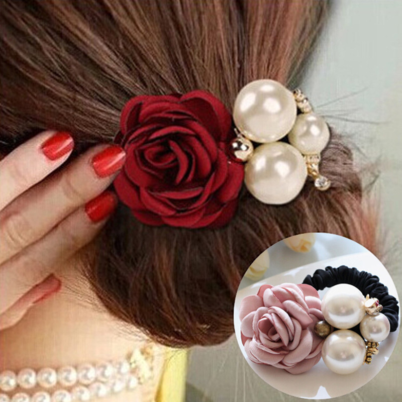 

Handmade Colorful Rose Faux Pearl Hair Ties - Floral Beads Ponytail Holder And Headband Scrunchies For Women And Girls
