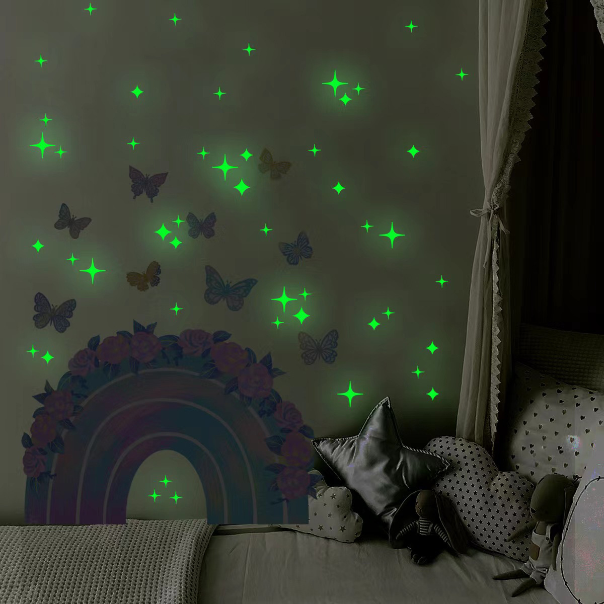 Pegatinas de pared de estrellas coloridas luminosas que brillan en la  oscuridad, decoración del hogar, pegatinas