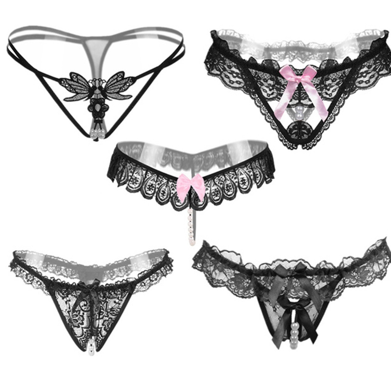 5 Pack Sexy Lace Thongs G Strings Sheer Skimpy Black Lace Trim Panties