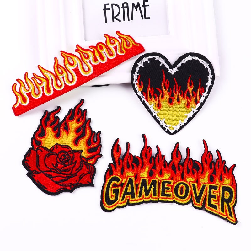 Flame Game Over Embroidered Patches For Clothing Thermoadhesive Patches  Punk Skull Stickers Iron On Patches On