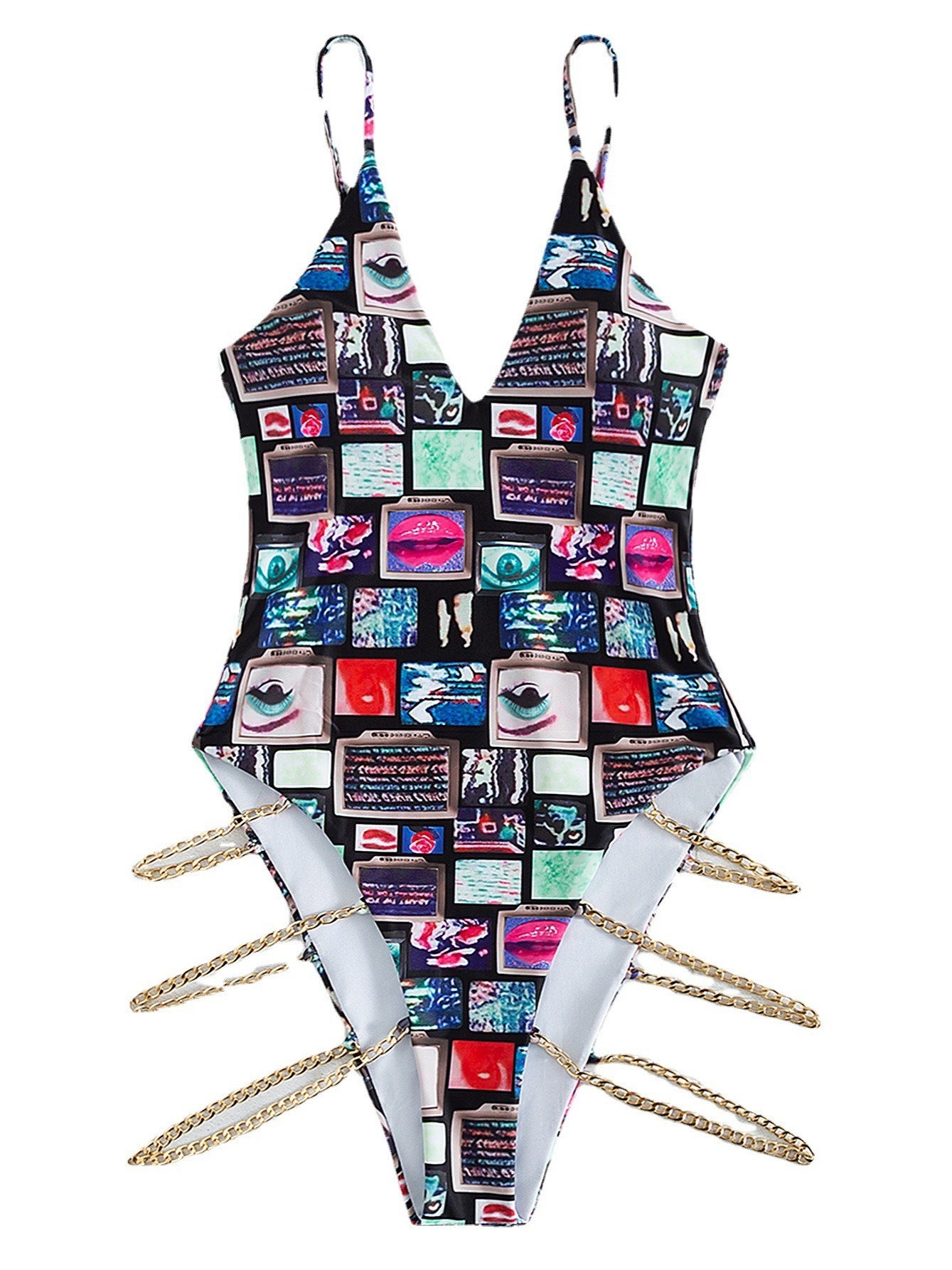 Pop Art Print One Piece Swimsuit, Chain Decor Side Swimsuit, Deep V