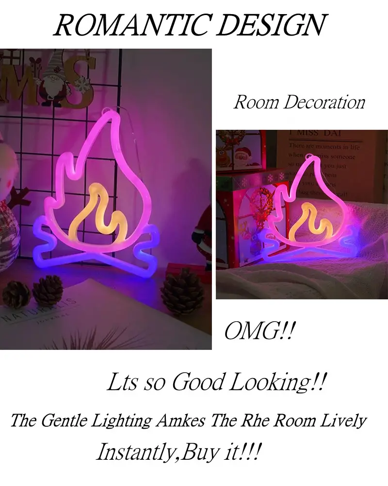 1pc Hanging Flame Shaped LED Neon Light Flame Neon Sign For Wall Decor USB Battery Powered Fire Neon Sign For Kids Boys Room Decorations Party Bar