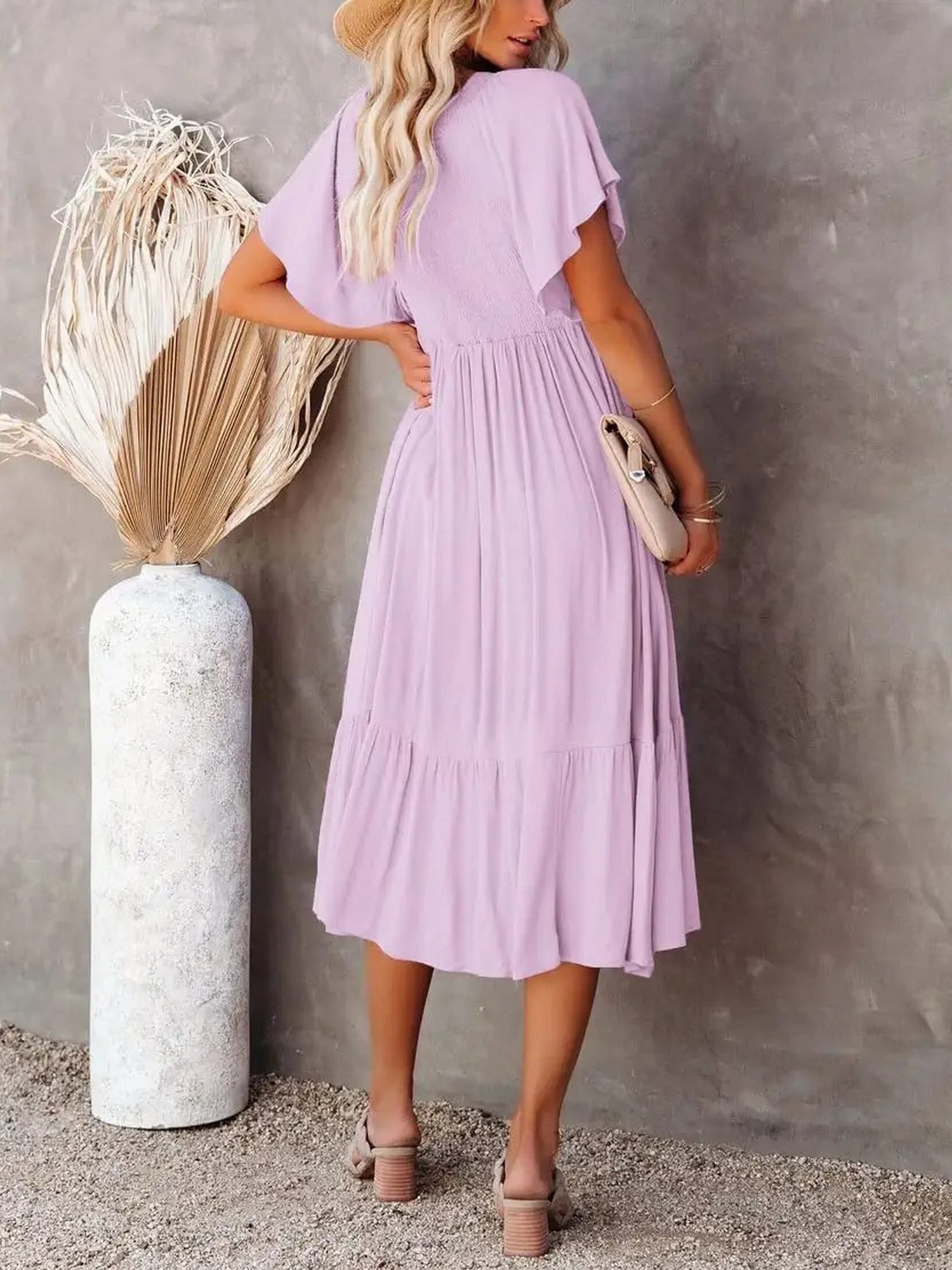 Women's Dresses Summer V neck Ruched Ruffle Sleeve Bohemian Temu