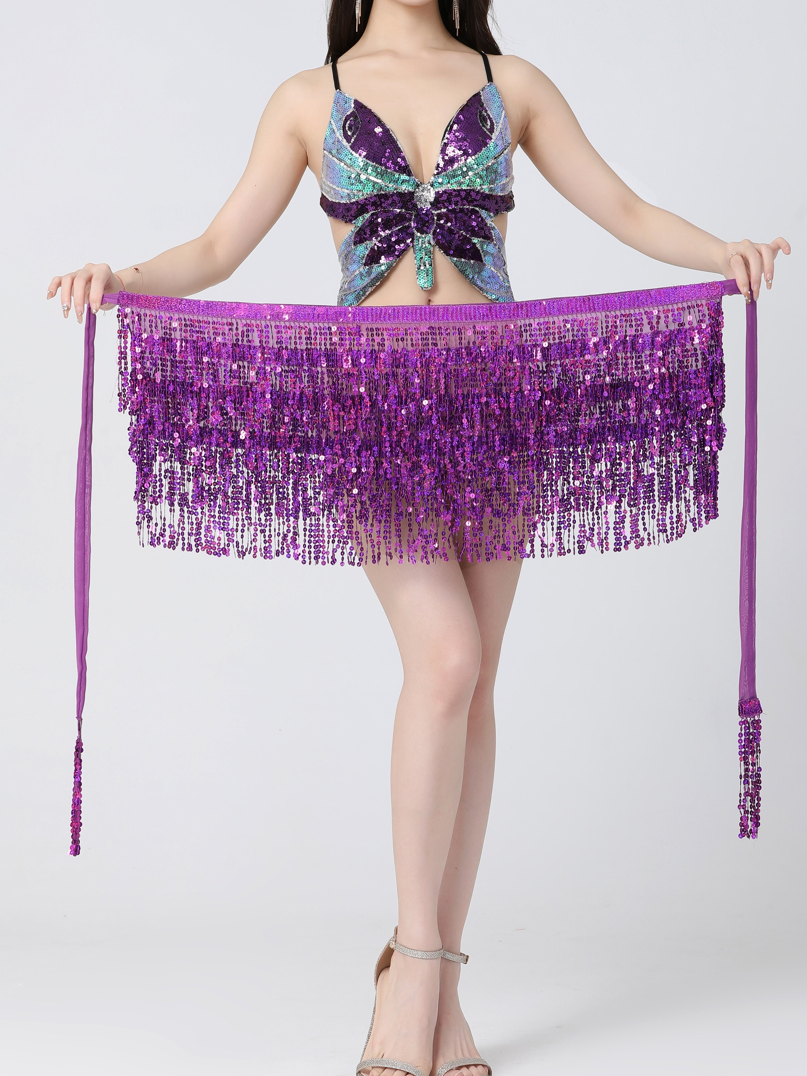 Womens Glitter Sequins Tassel Skirts Stage Performance Costume Rave