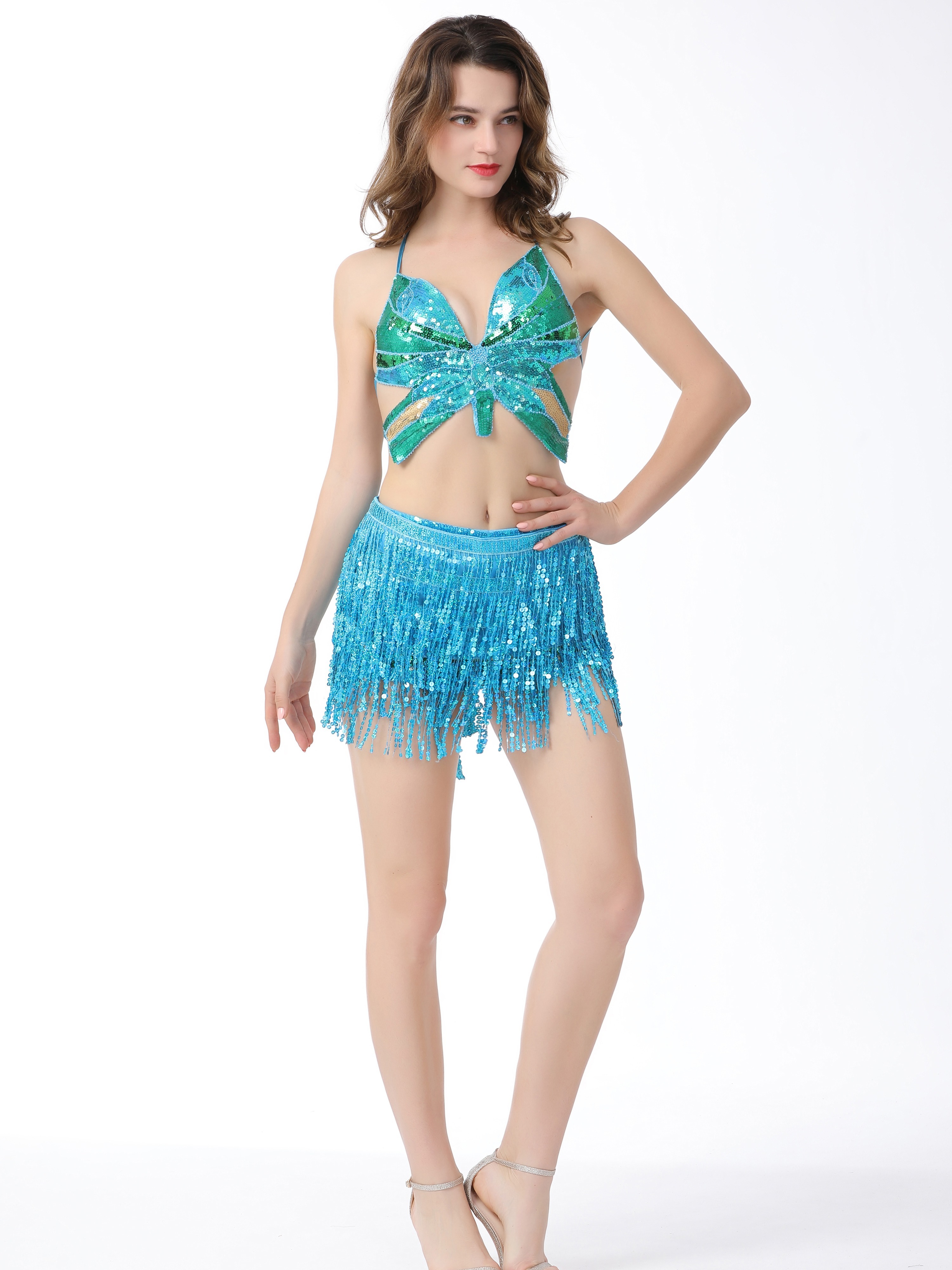 Women's Glitter Sequins Tassel Skirts, Stage Performance Costume, Rave Outfits, Hip Scarf Fringe