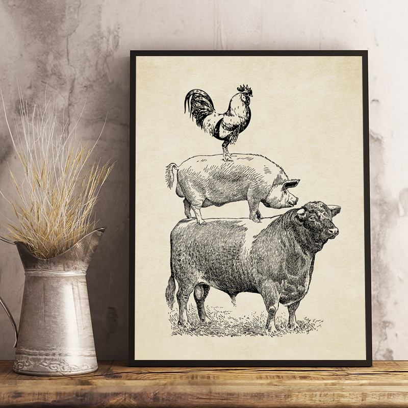 Farm Poultry Cow Pig Chicken Poster Vintage Print Rustic Temu 
