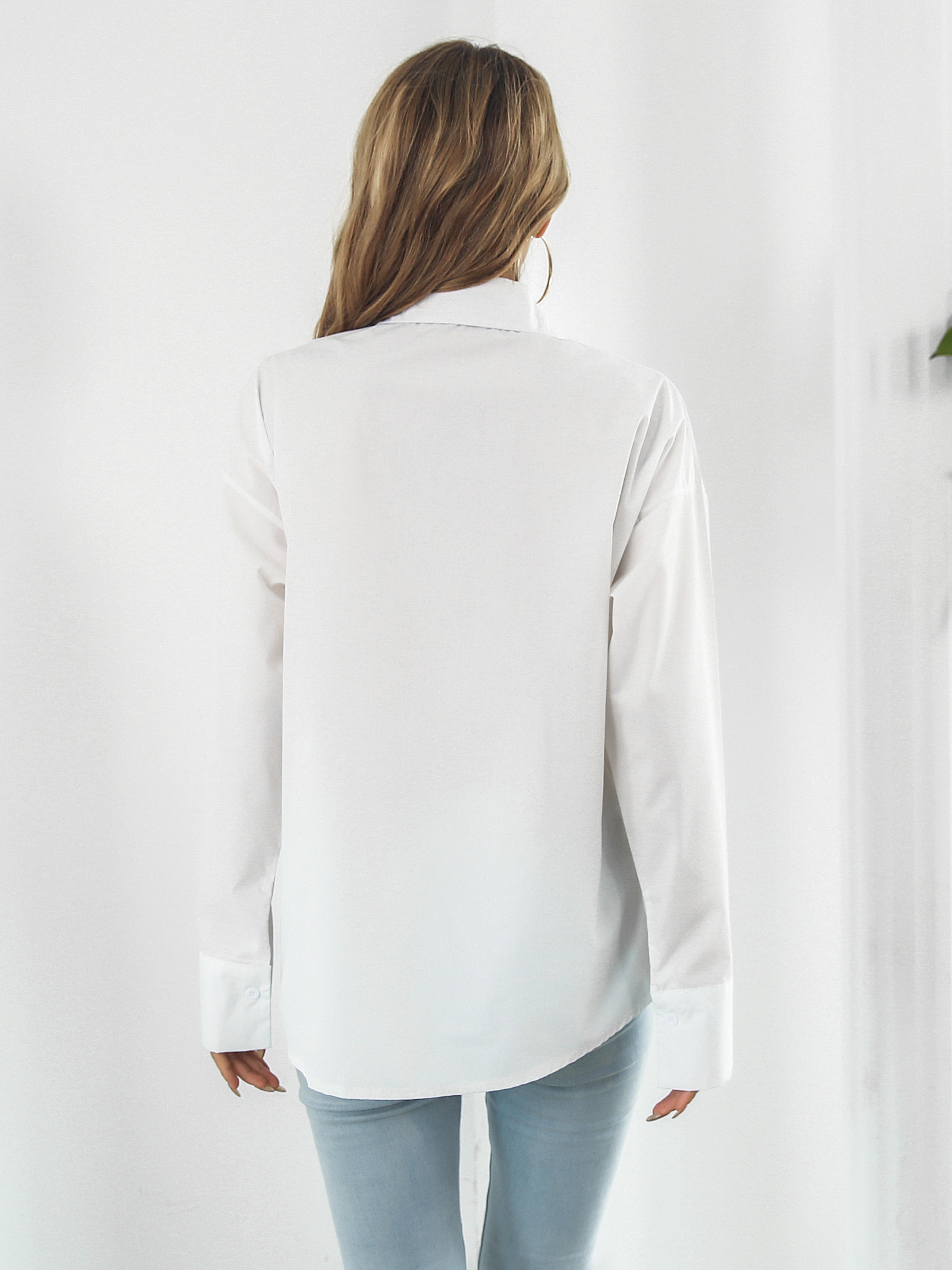 Blusa de mujer Blusa blanca de manga larga con botón de * sólido