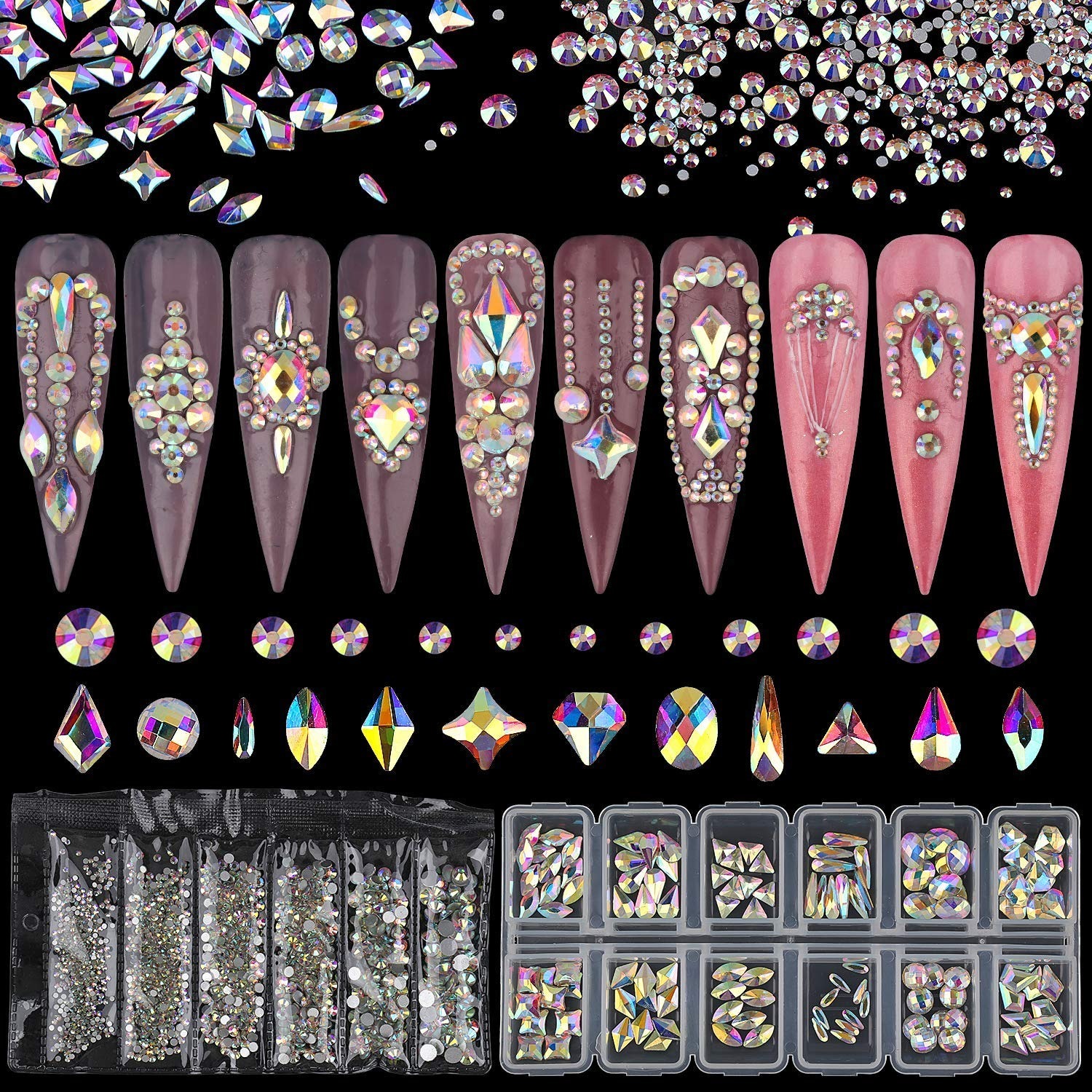 JERCLITY 6 Boxes Green Black Blue Gold Crystal AB Red Nail Rhinestones for  Nails Flat Back Mix Color Multi Shaped Sized Nail Crystals Gems Stones