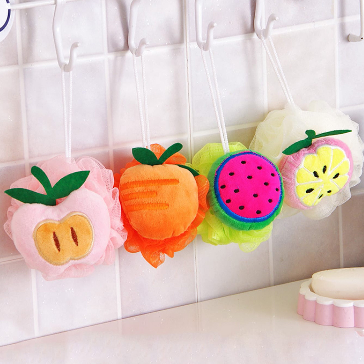 Cute Fruits Bath Shower Sponge Loofahs Mesh Pouf Shower Ball Colorful Cartoon Body Scrubber Balls Shower Mesh For Kids Adults