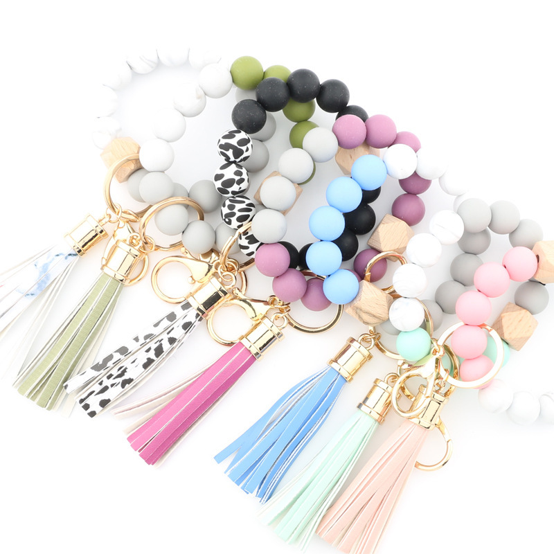 

Silicone Beaded Bracelet Keychain, Key Ring Bangle Wristlet Keychain With Faux Leather Tassel For Women/girls