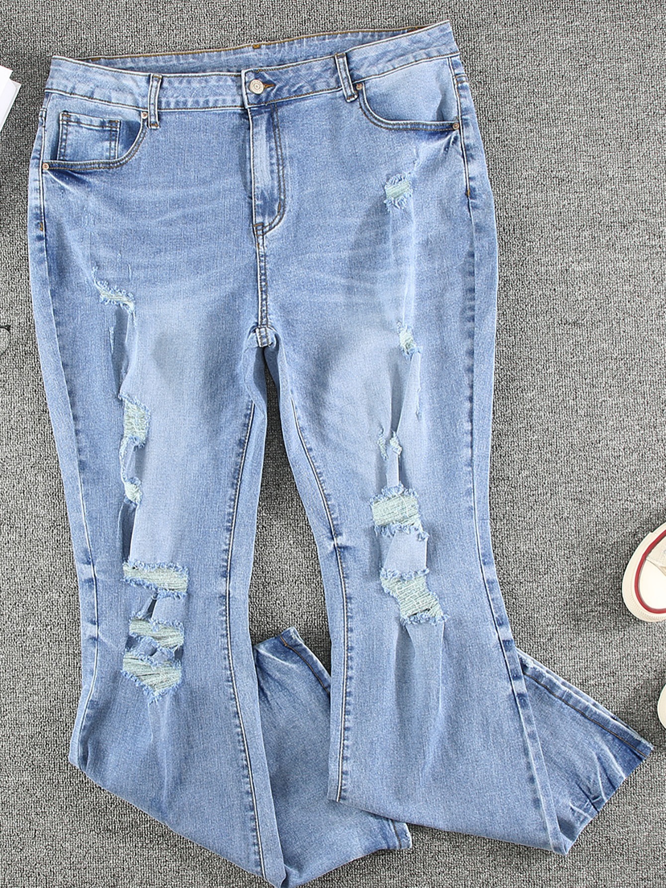 Blue Ripped Flare Jeans Slash Pockets Bell Bottom High Waist