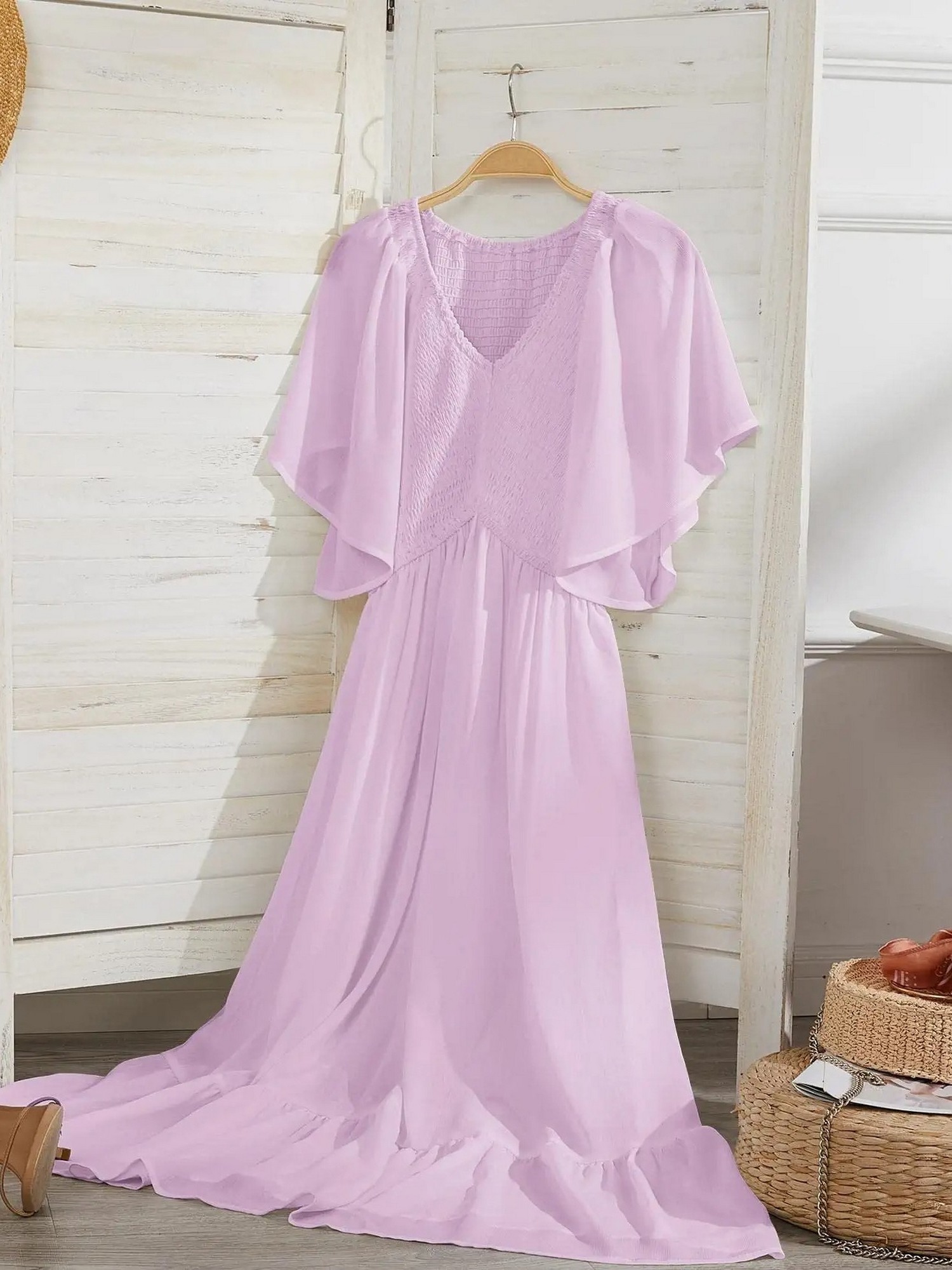 Women's Dresses Summer V neck Ruched Ruffle Sleeve Bohemian Temu