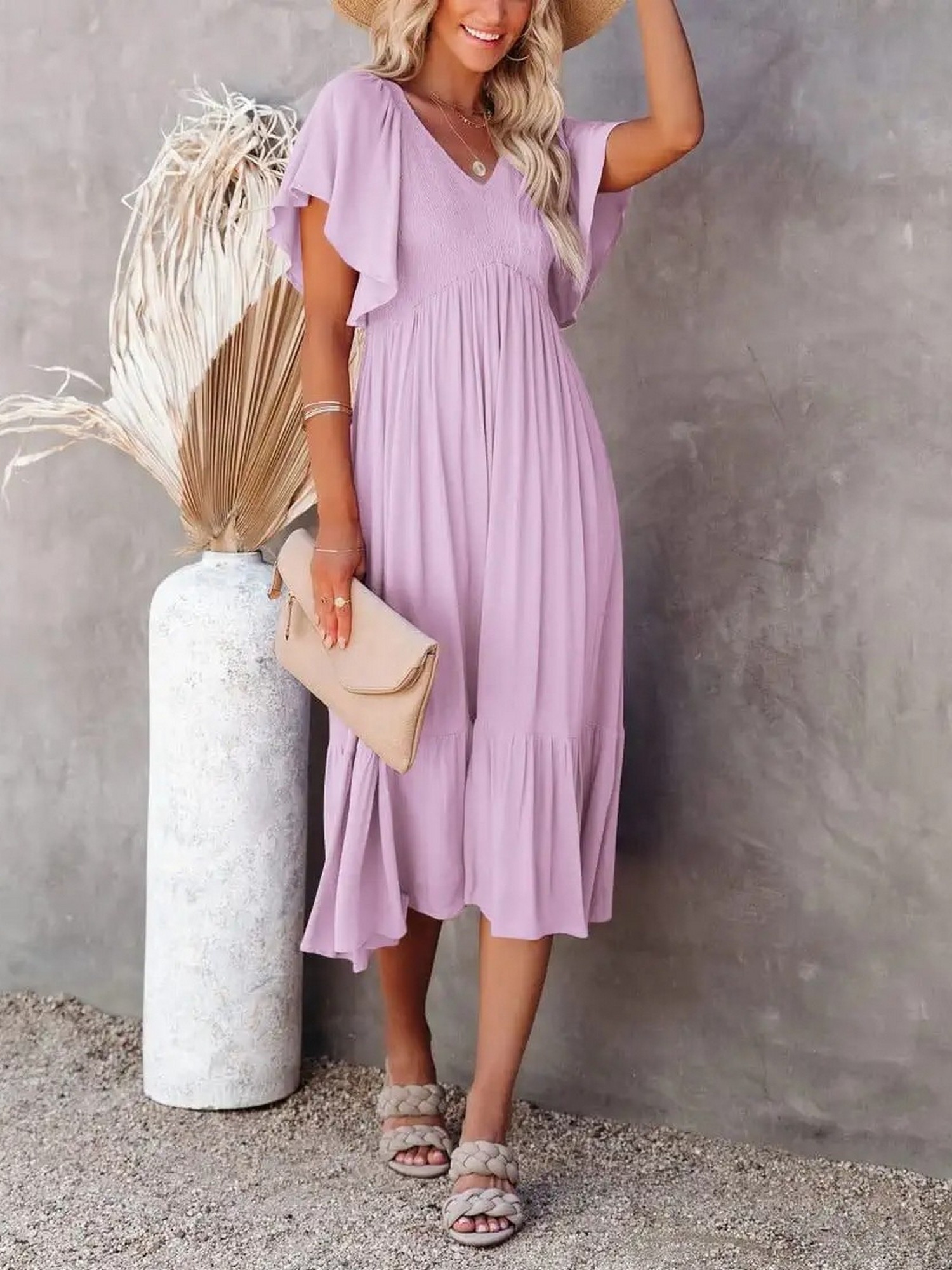 Women's Dresses Summer V neck Ruched Ruffle Sleeve Bohemian Temu