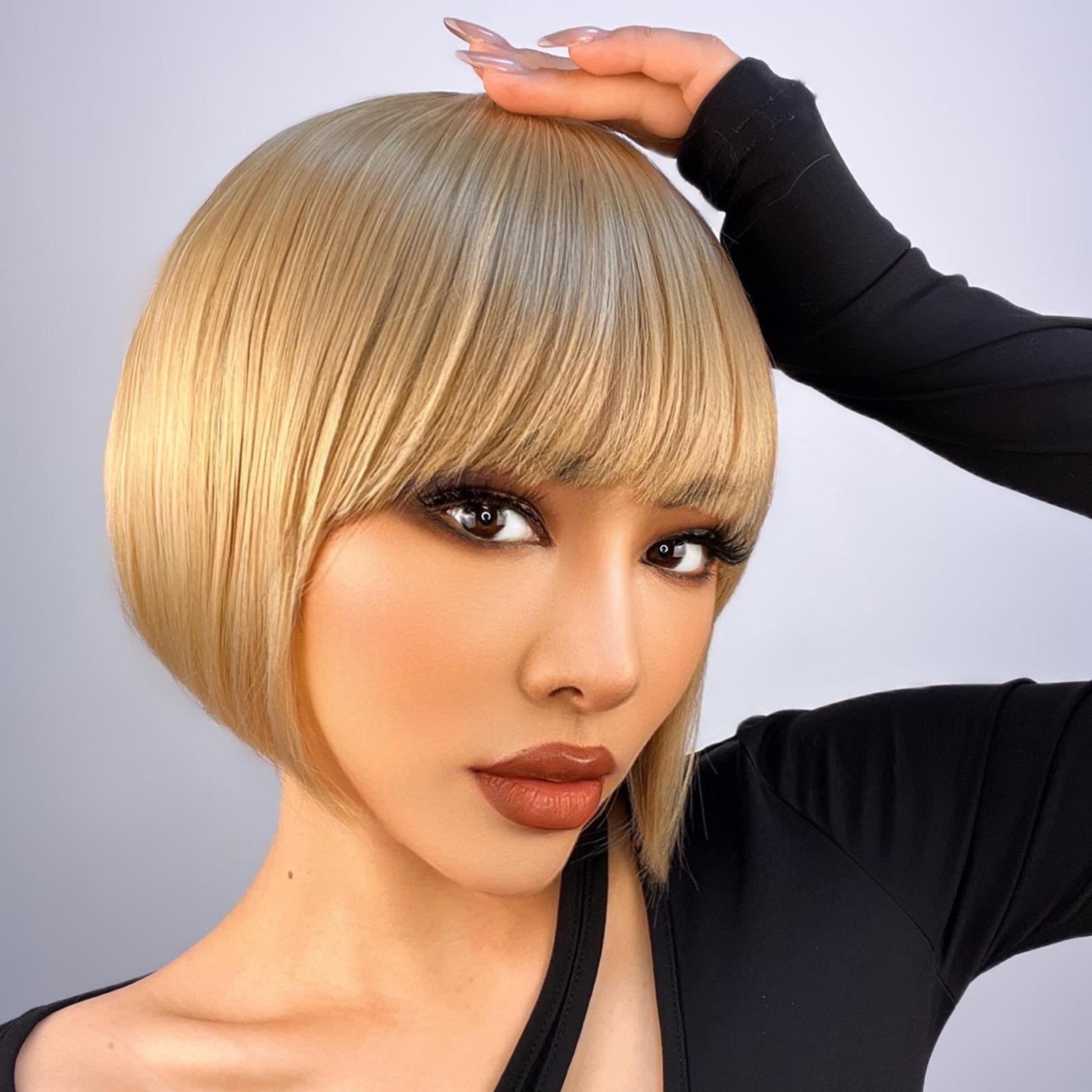 

Short Straight Blonde Hair Bob Hair Wigs With Bangs, Fancy Synthetic Wigs Party Costume Heat Friendly Wigs