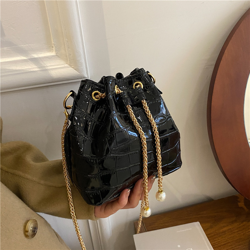 Mini Faux Crocodile Embossed Drawstring Chain Bucket Bag Clothing