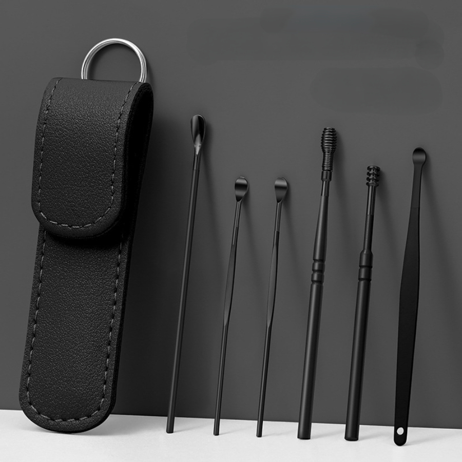 6pcs Stainless Steel Ear Wax Removal Kit with Spiral Design - Includes Key Ring, Faux Leather Case & Cleaning Brush - Odorless, Battery-Free Ear Care Set, Ear Wax Removal Tool