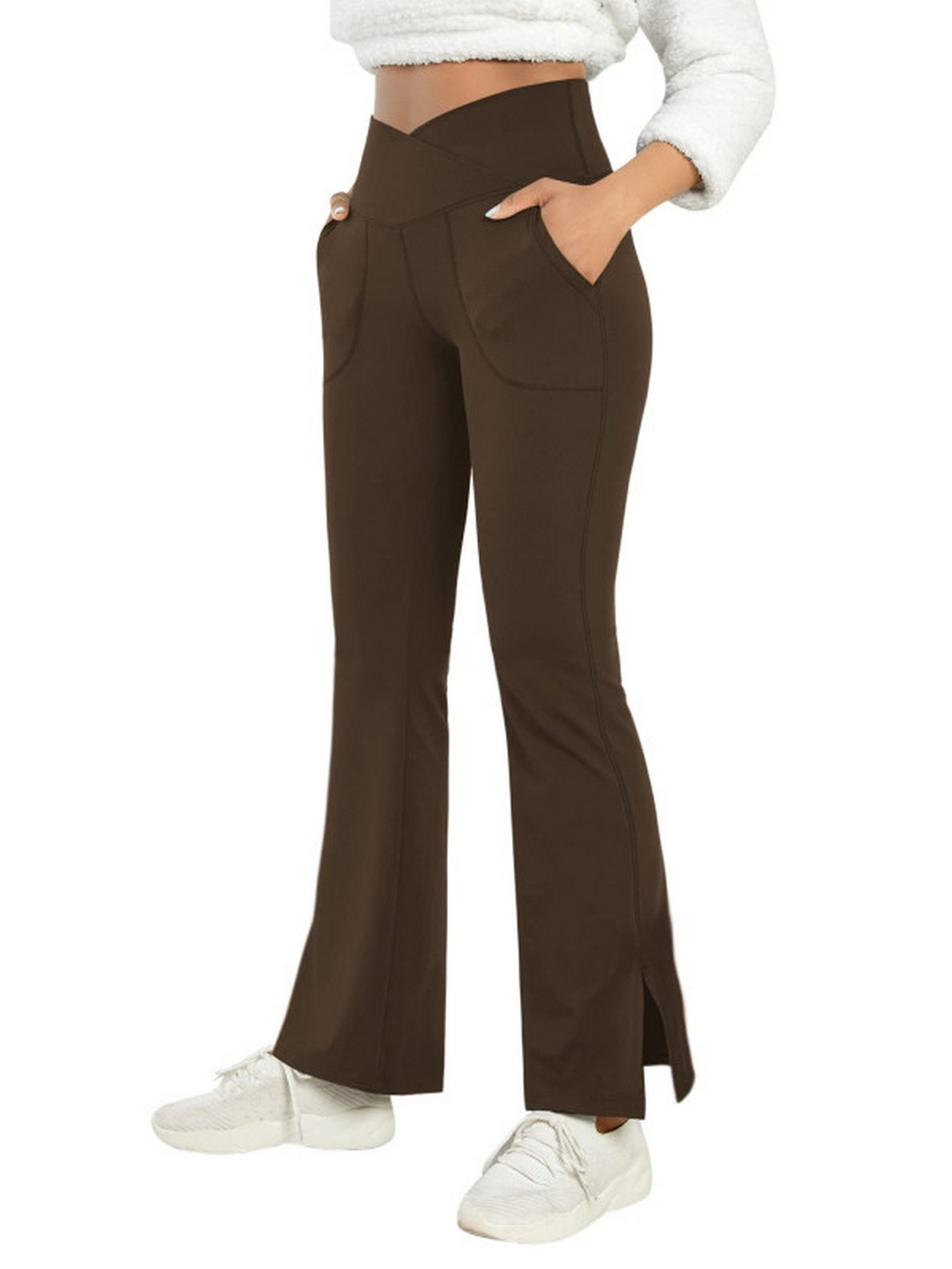 Casual Split Hem Pockets Pants Solid Elastic Fashion Flared - Temu Canada