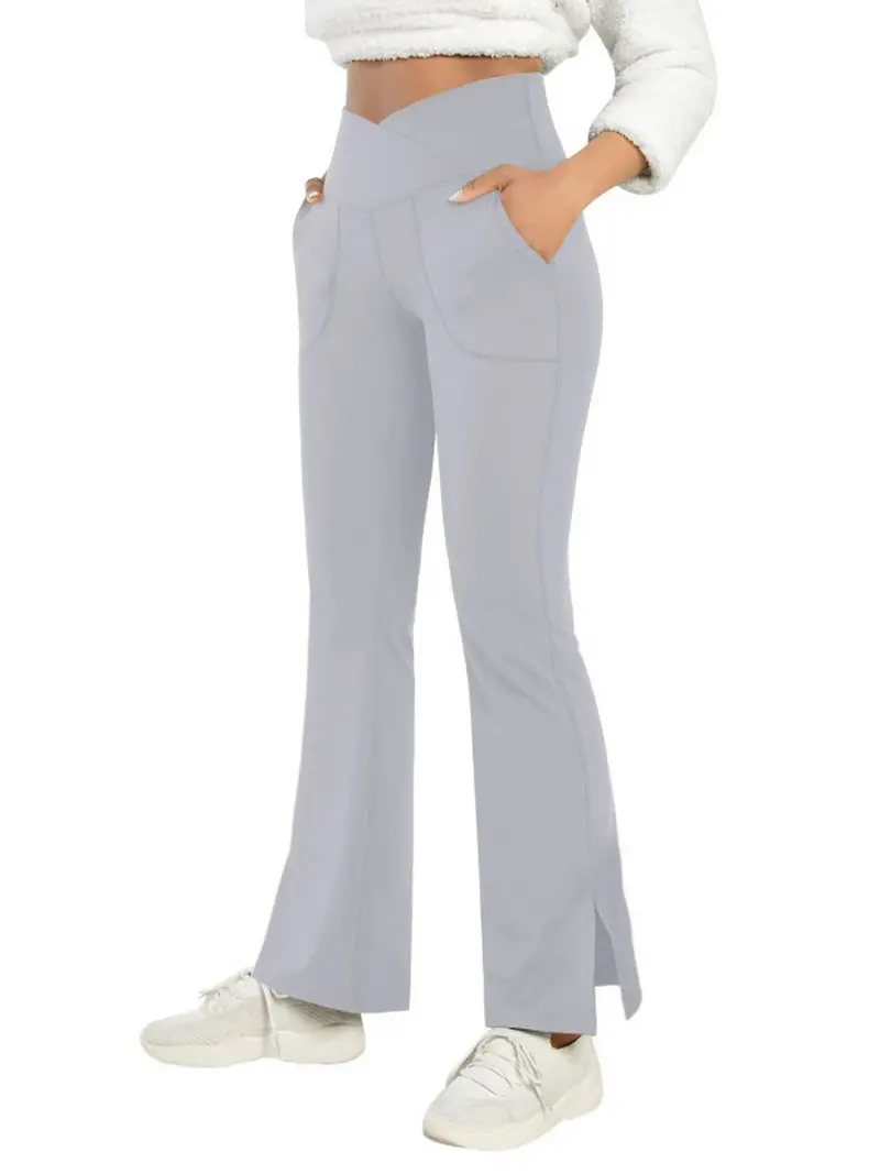 Casual Split Hem Pockets Pants Solid Elastic Fashion Flared - Temu