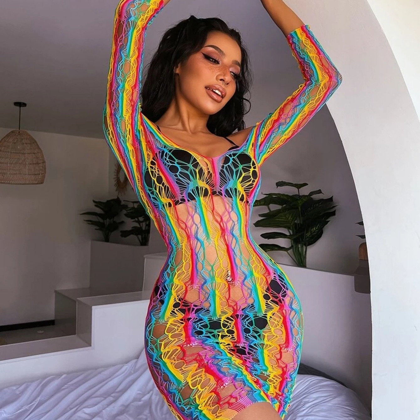 Sexy Rainbow Fishnet Cover up Dress Stretchy Swimsuit for Women Fishnet  Bodysuit Sheer Mesh Bodycon Lingerie Sleepwear