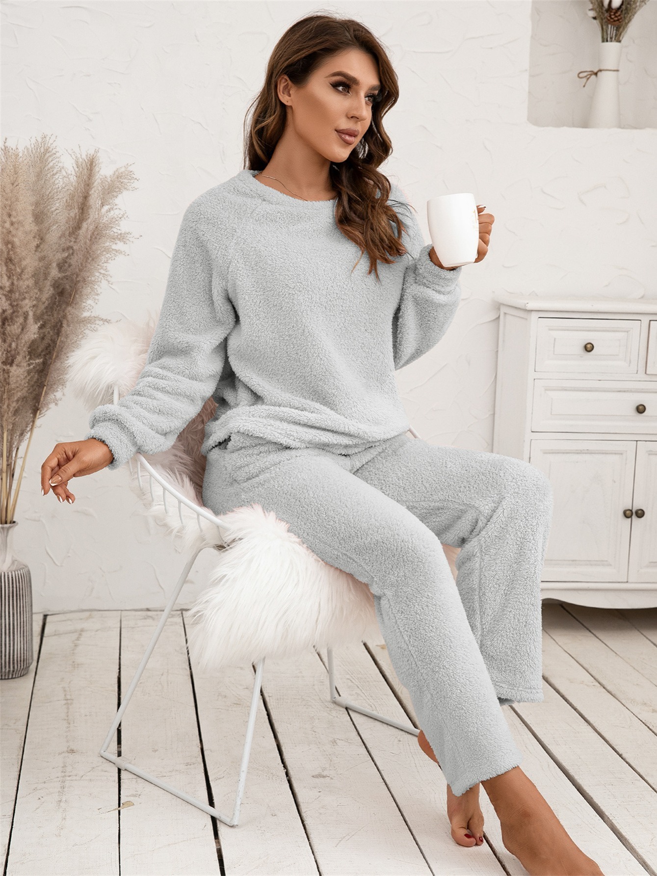 Thickened & Warm Plush Home Pajamas, Simple Long Sleeve V Neck Top & Pajama  Pants, Women's Sleepwear & Loungewear