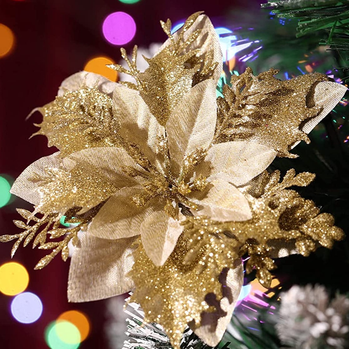 24個 シルバー ポインセチア クリスマスフラワー 5インチ キラキラ 人工クリスマスツリー 花 オーナメント クリスマスツリー リース ガ - 2