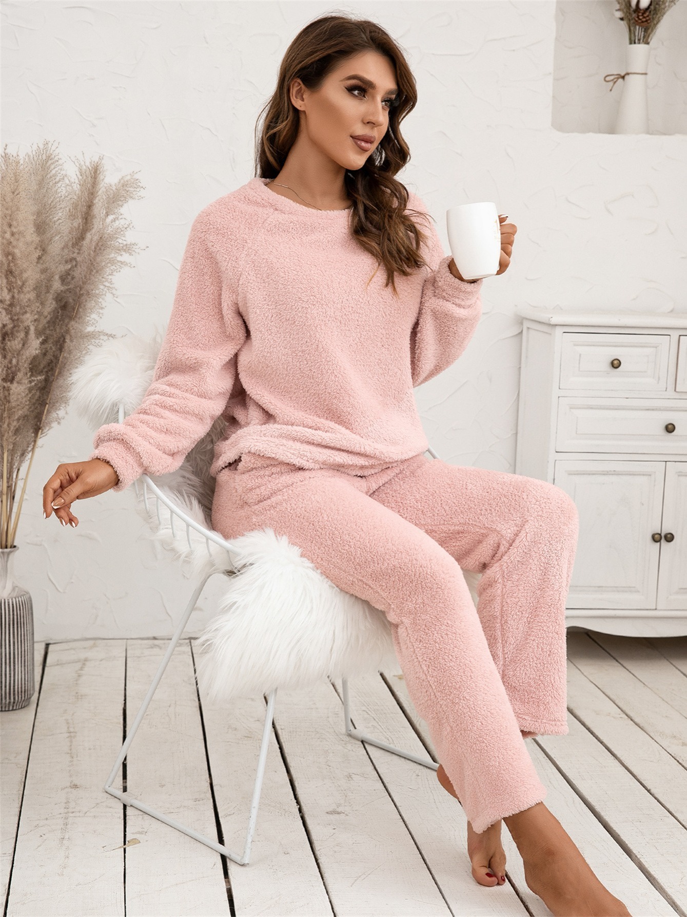 Efsteb Pajamas for Women Set High Collar Long Sleeved Pants Thin Velvet For  Going Out Oversized Loose Wide Leg Pants Home Clothing Set Pink XL 