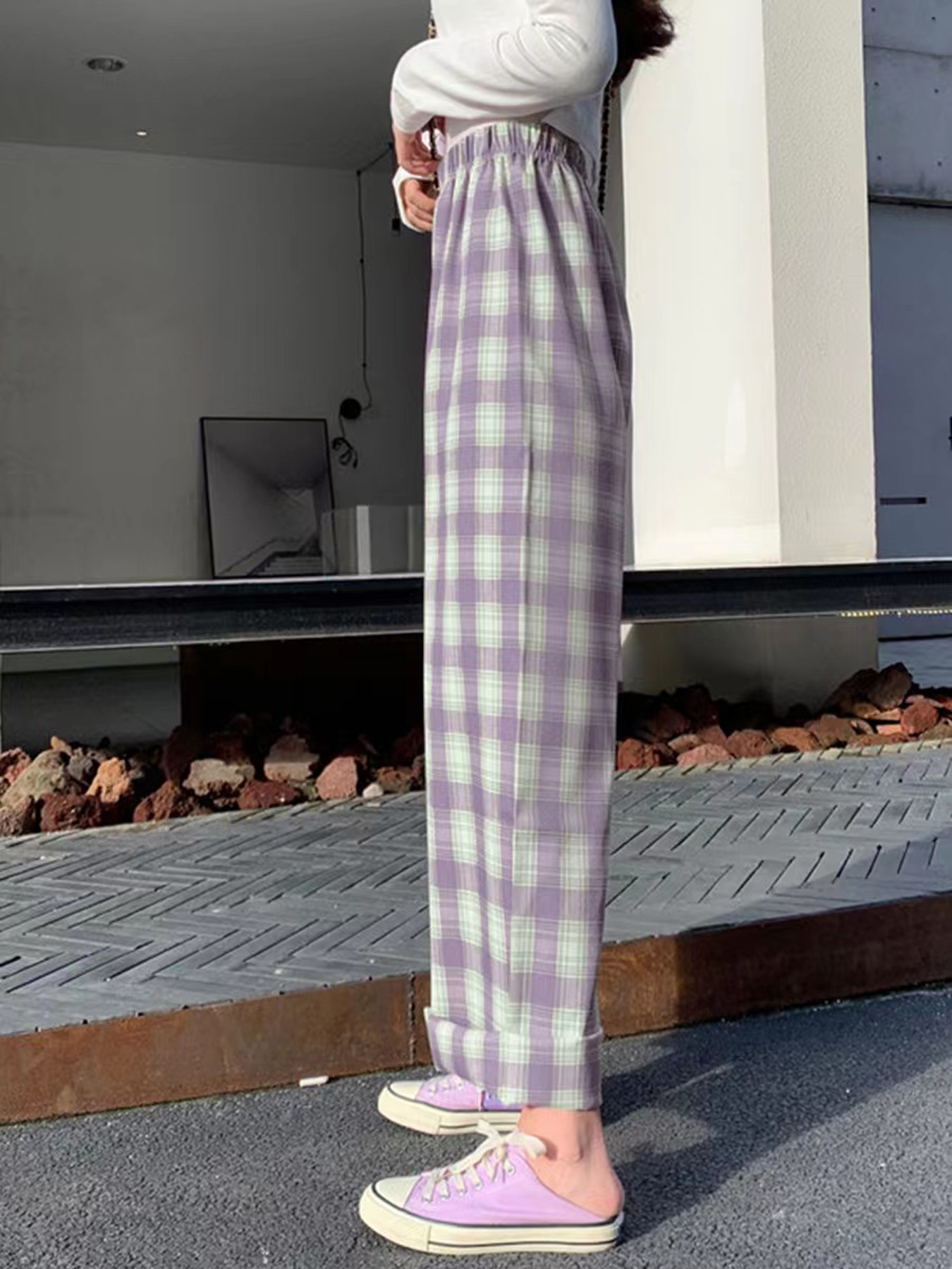 Women's Pants Plaid Wide Leg Pants Women's Drape Straight - Temu