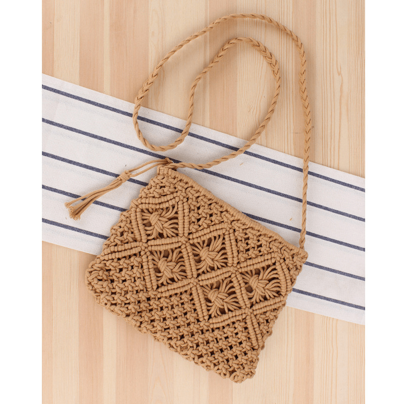 Handwoven Black & Cream Rattan Handbag with Brown Leather, 'Diagonal Style