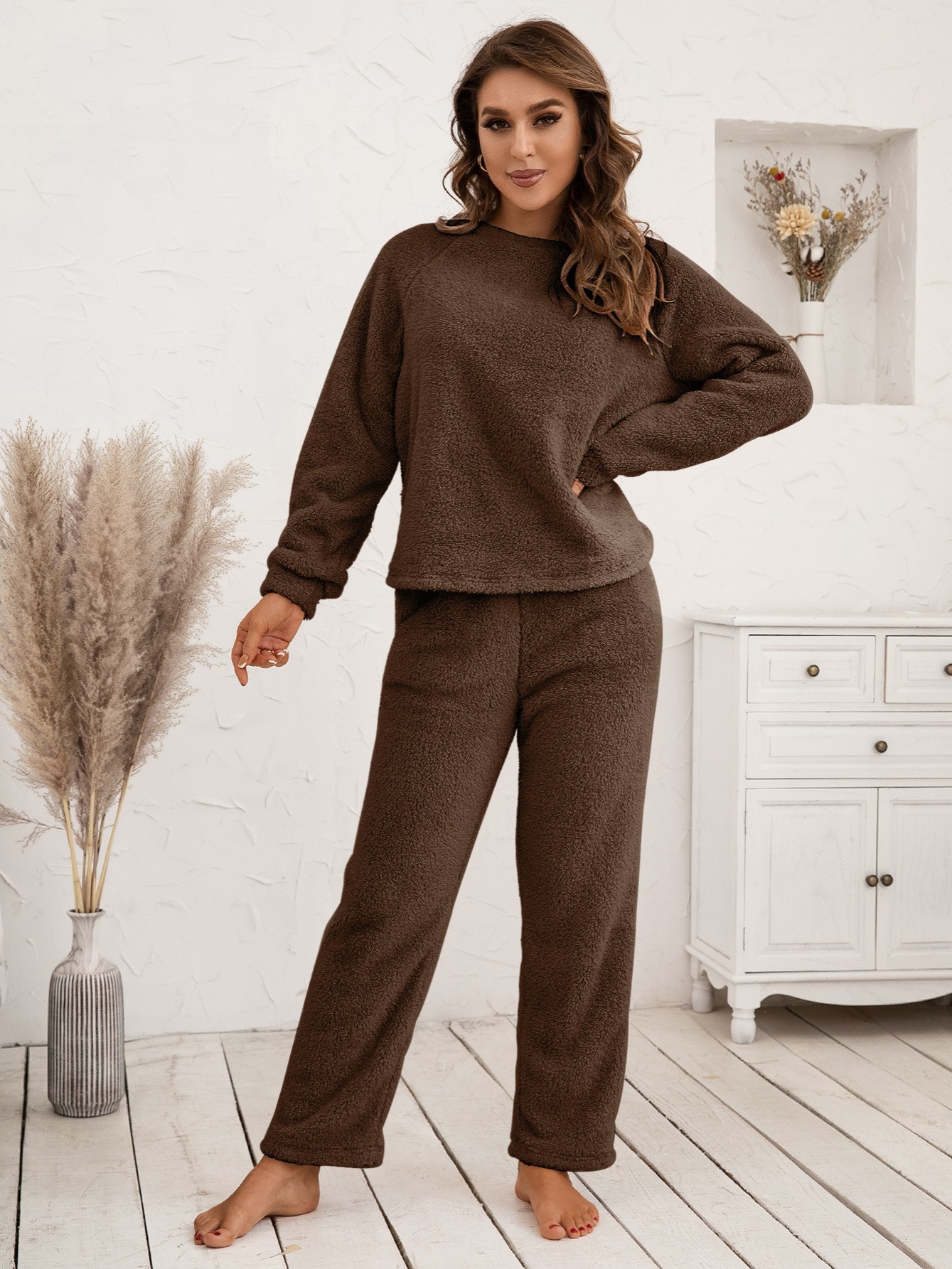 Solid Plush Pajama Set Long Sleeve Crew Neck Top Elastic - Temu