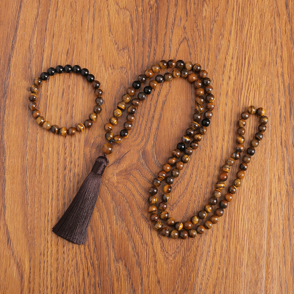 

8mm Tiger Eye Hand-knotted Onyx Necklace Set With Guru Bead