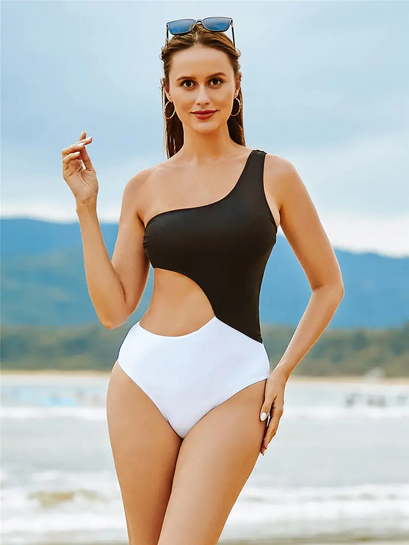 Colorblock One Shoulder Bathing Suit Asymmetrical Neck Cut - Temu Canada