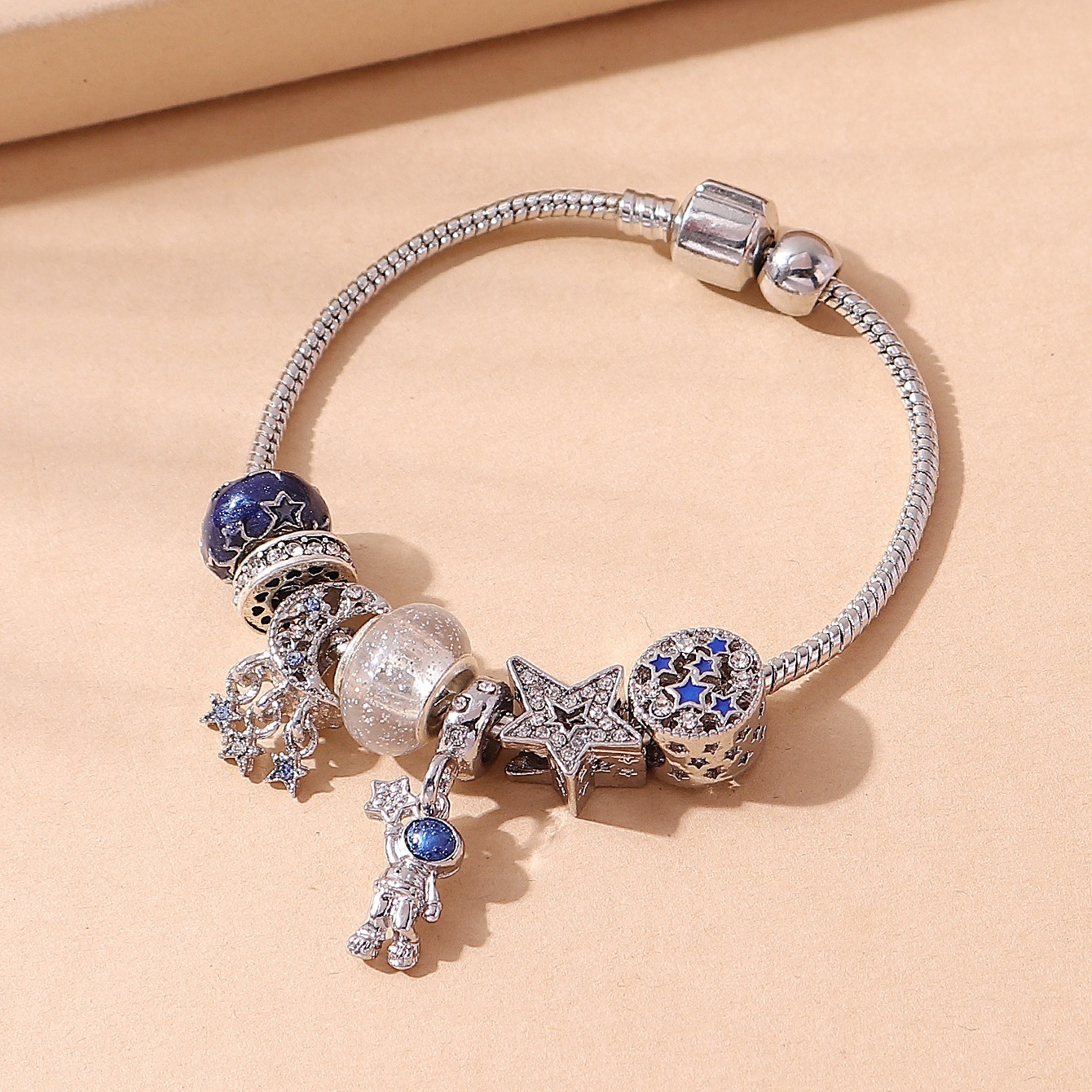 'Cheap Blue Starry Sky Copper Bracelet with Faux Diamonds Rhinestone and Moon Astronauts DIY Beaded'