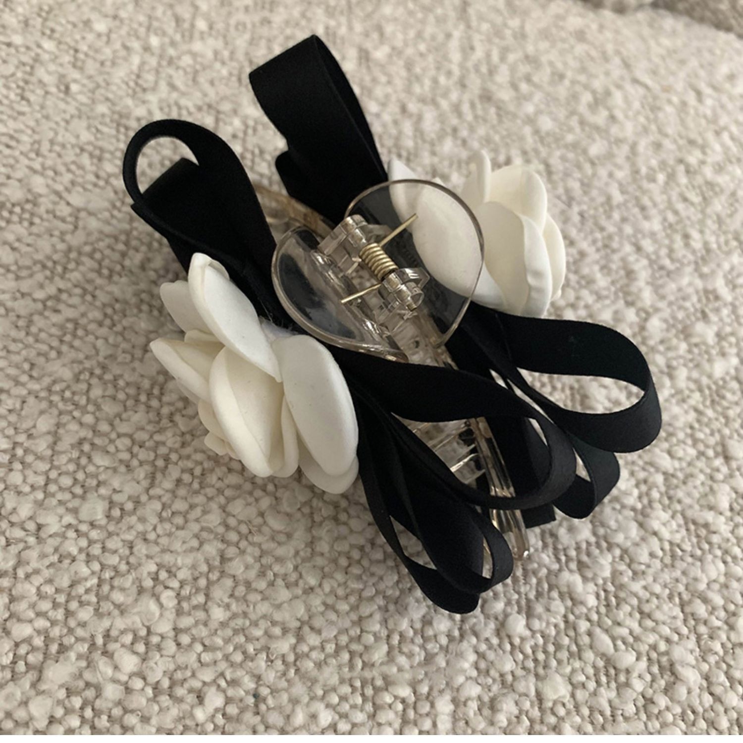 CHANEL Camellia Ribbon Barrette Hair Clip Black Authentic Women Used from  Japan