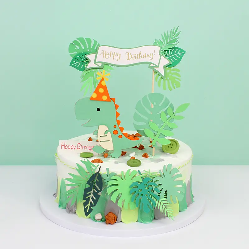 Topper Torta Compleanno Dinosauro Verde E Foglie, 4 Pezzi, Regalo
