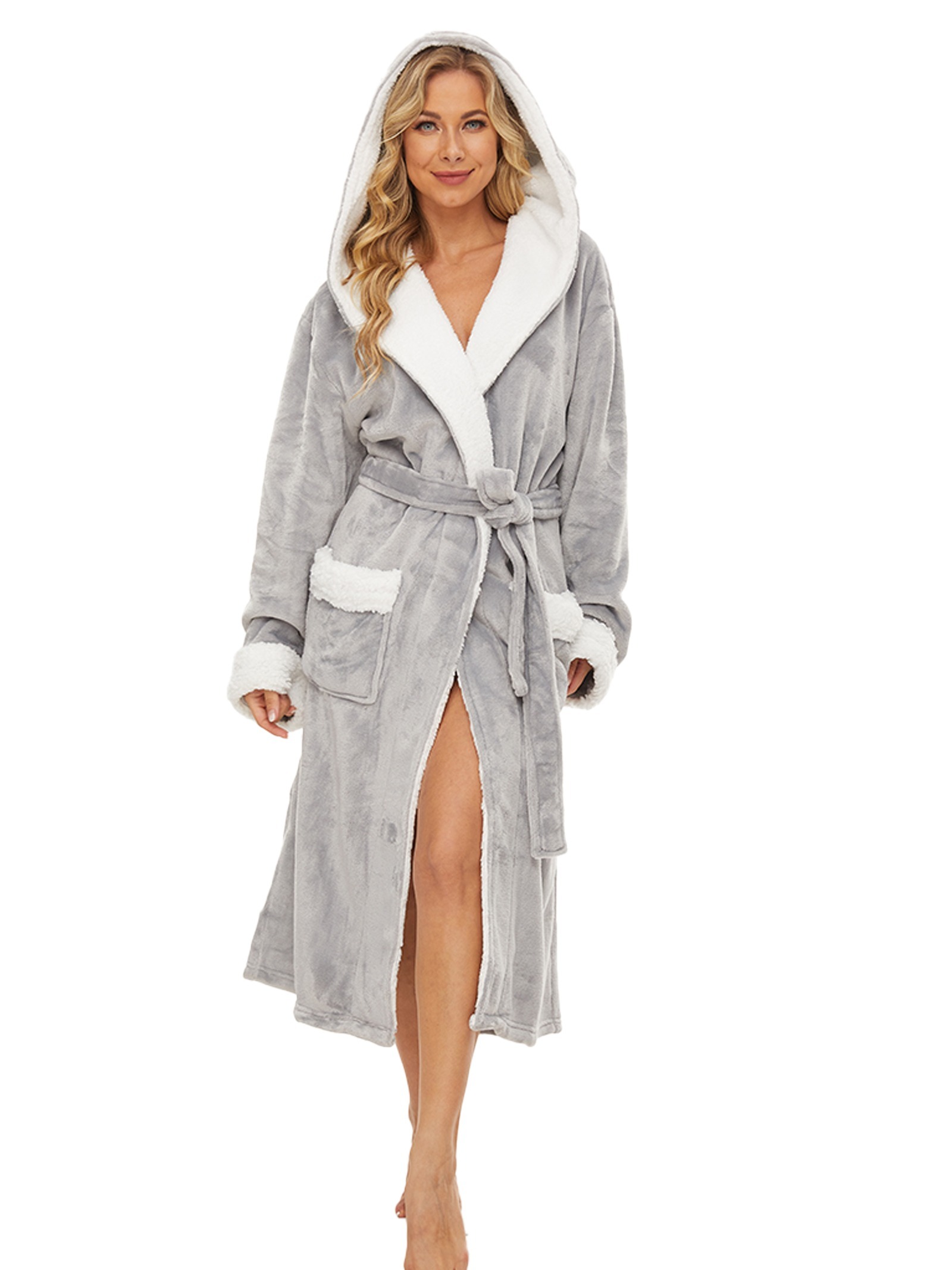 Hooded Bathrobe Warm Fuzzy Ruffle Lounge Robe Pockets - Temu