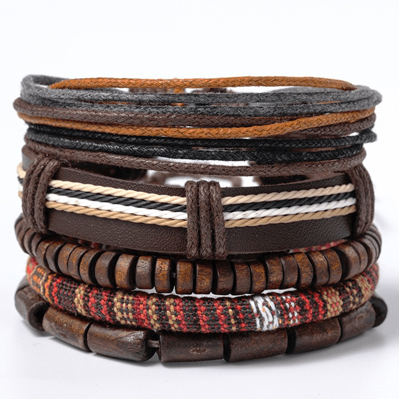 Men's Adjustable Leather Brown Bracelet Set - Temu Canada