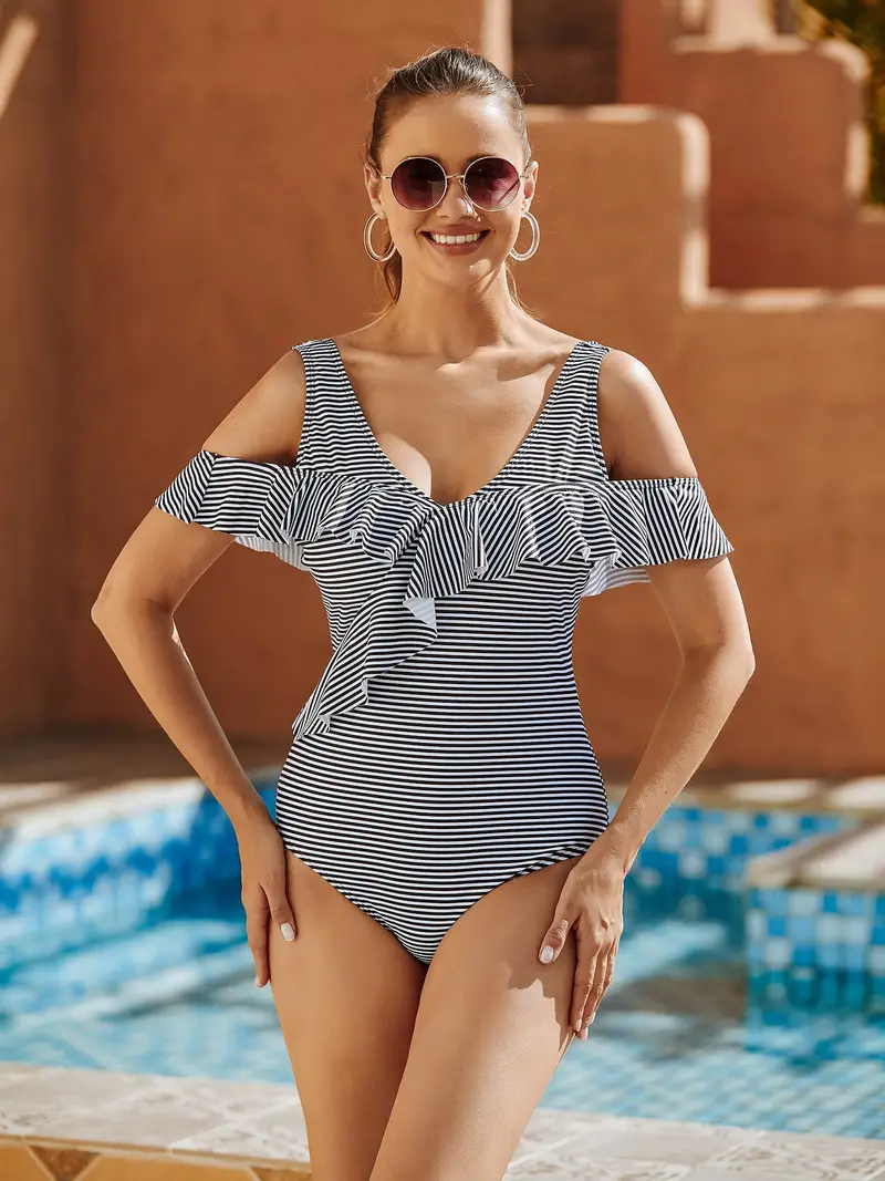 Layered One-piece Swimsuit, Ruffled Double Strap V-neck Tummy
