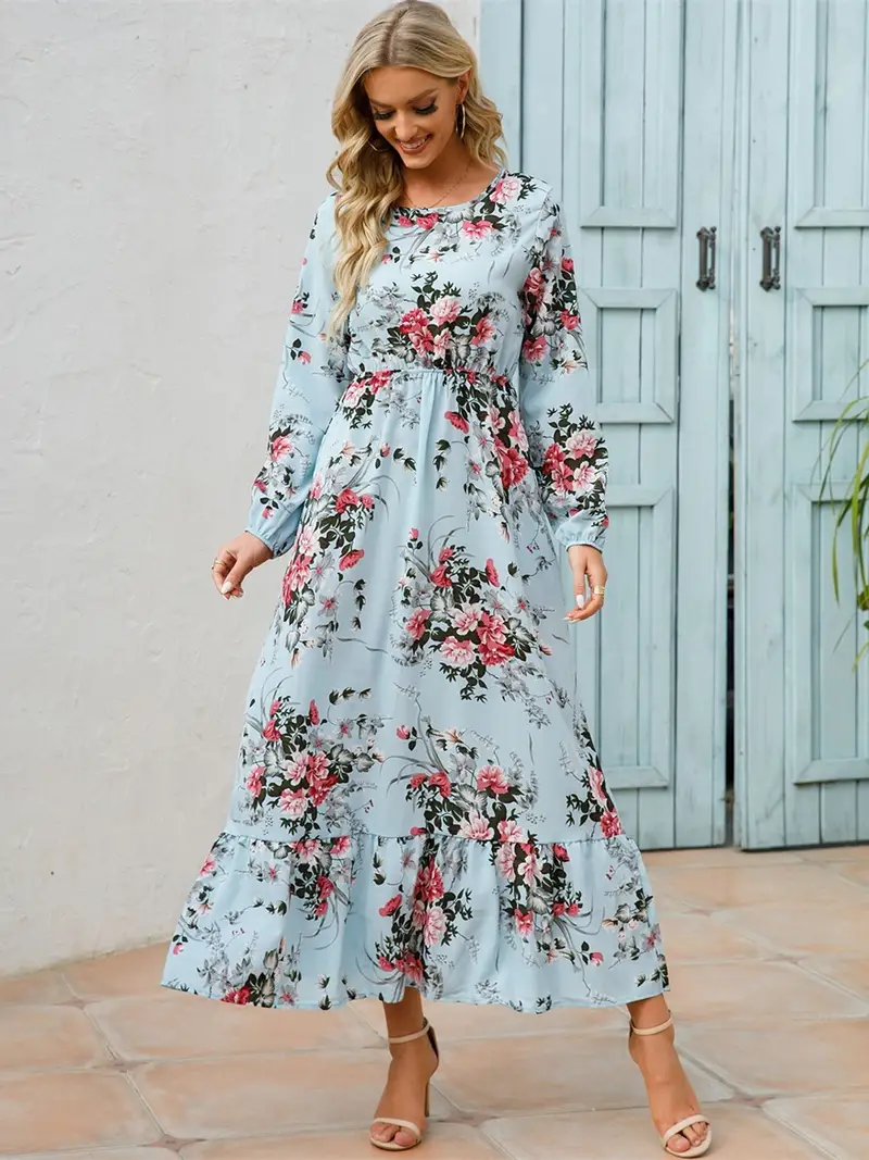 Floral Long Sleeve Maxi Dress, Long Sleeve Loose Crew Neck Dress, Casual  Dresses For Spring & Summer, Women's Clothing