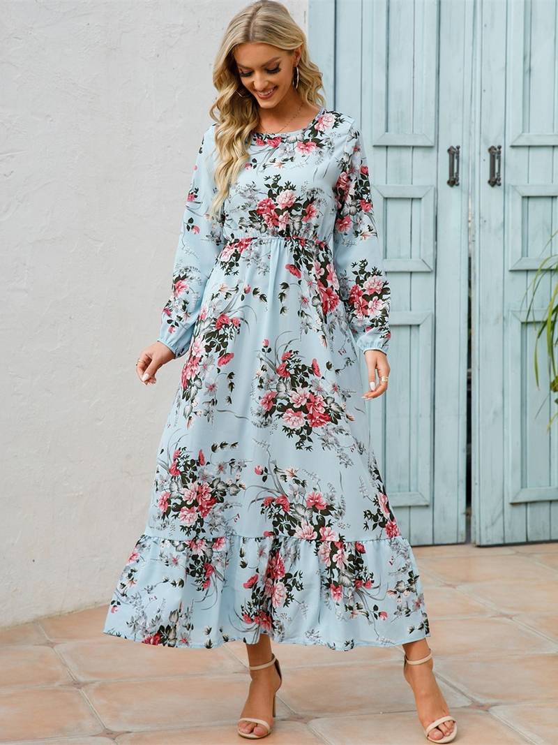 Floral Print Crew Neck Frill Casual Dresses, Women's Long Sleeve Loose ...