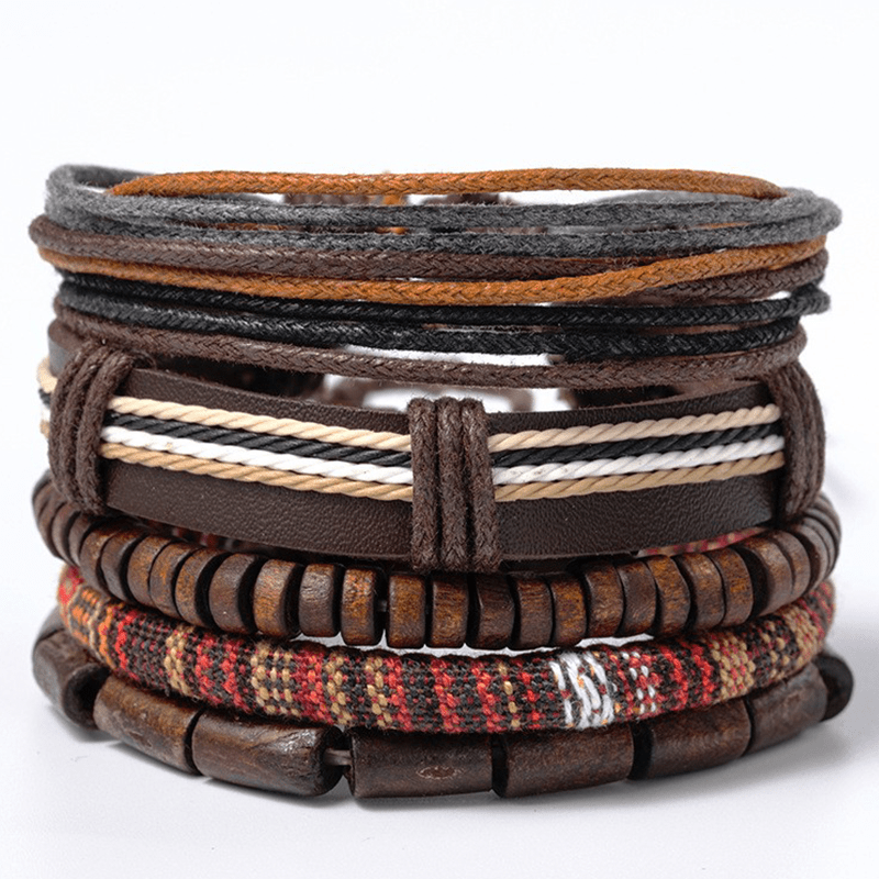 Set Of 5 Adjustable Brown Faux Leather Bracelets For Men