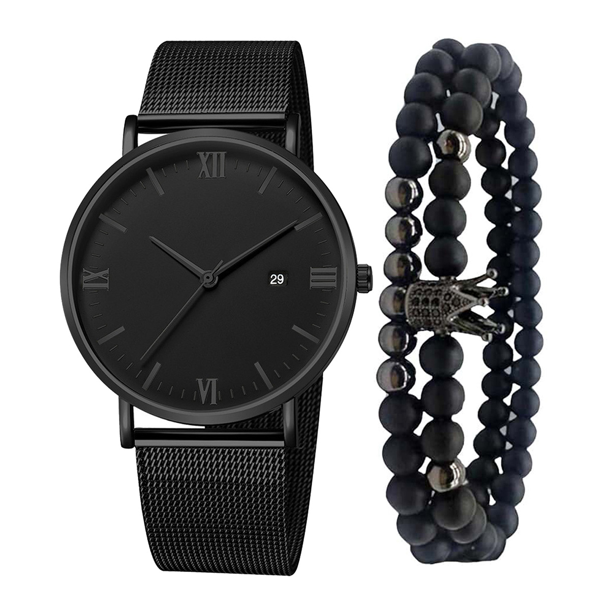 3pcs Men's Fashion Simple Business Mesh Belt Quartz Watch With 2 Bracelet Set Gift For Father And Boyfriend