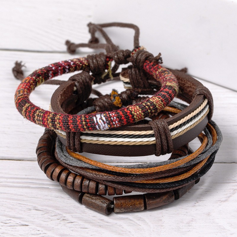 5pcs Men's Adjustable Leather Bracelet Set