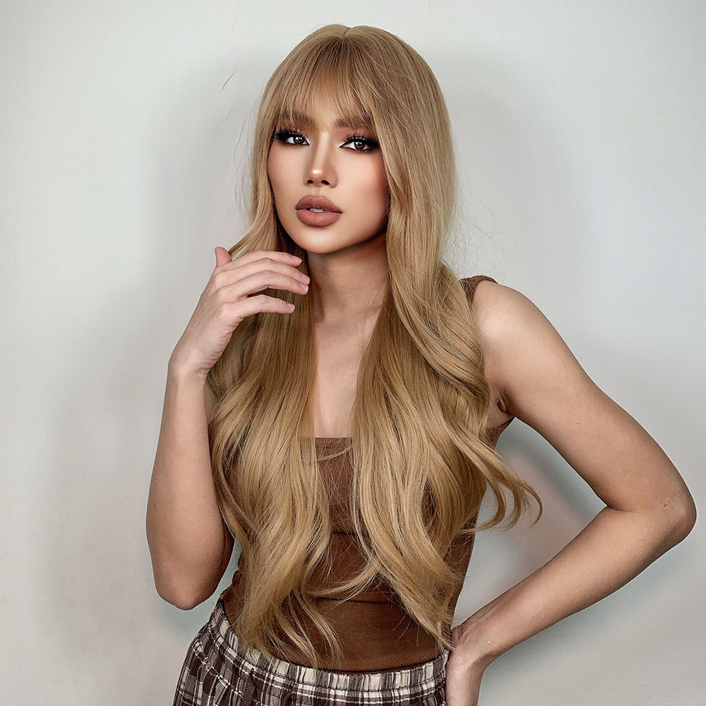 28 Inch Long Ginger Blonde Wavy Layered Wig With Bangs For Women Heat Resistant Synthetic Wig Styled Wig Look Hairs