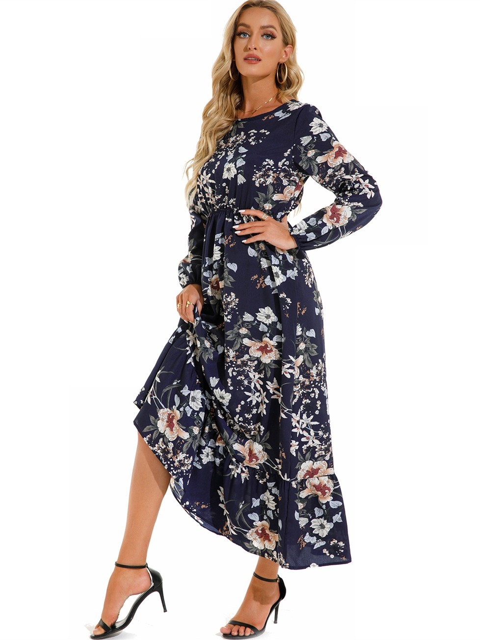 Floral Long Sleeve Maxi Dress, Long Sleeve Loose Crew Neck Dress, Casual  Dresses For Spring & Summer, Women's Clothing