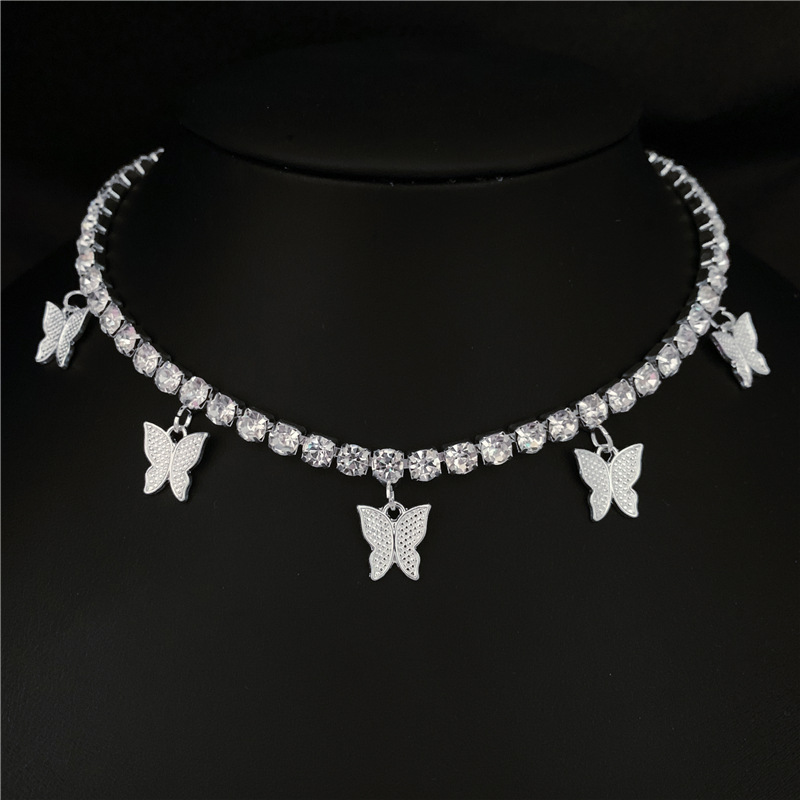 Double Row Butterfly Rhinestone Necklace