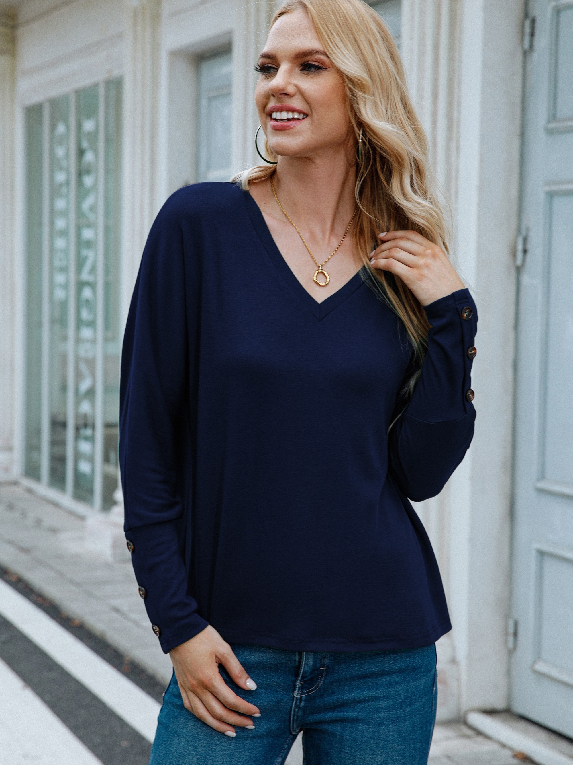 navy blue v neck blouse