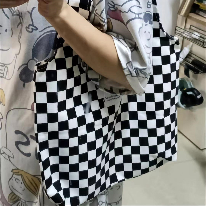 White Checkered Pattern Tote Bag