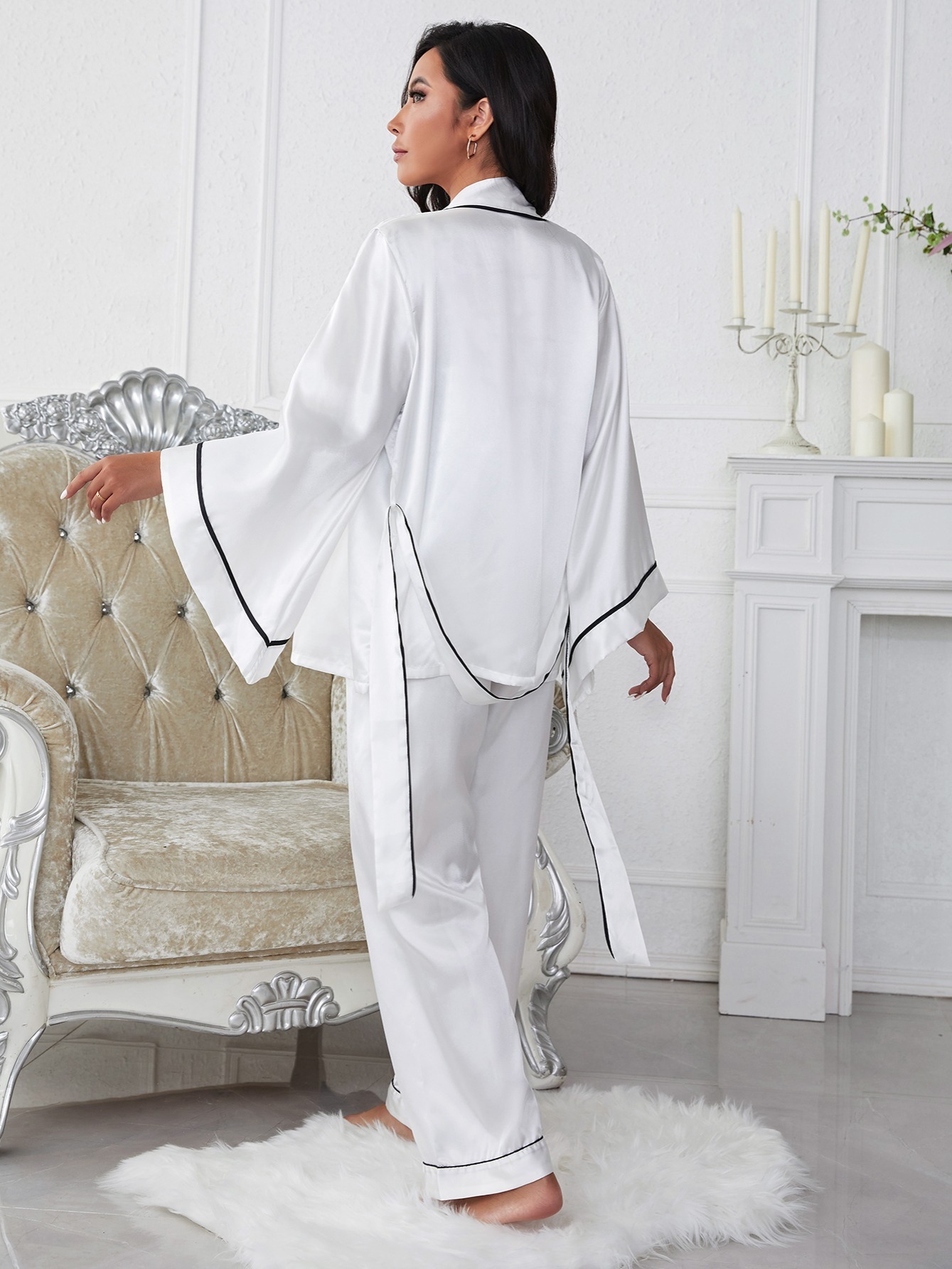 FDBA Women Pajamas Set Sling V neck Strap Silk Pajamas 3 Peices Sleepwear  for Women Long Sleeves Breathable Robe Top+ Long Pant